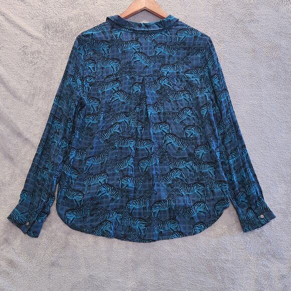 Jane And Delancey Blue Zabra Gingham Print Button Up Blouse Size Large Beach - Picture 6 of 10